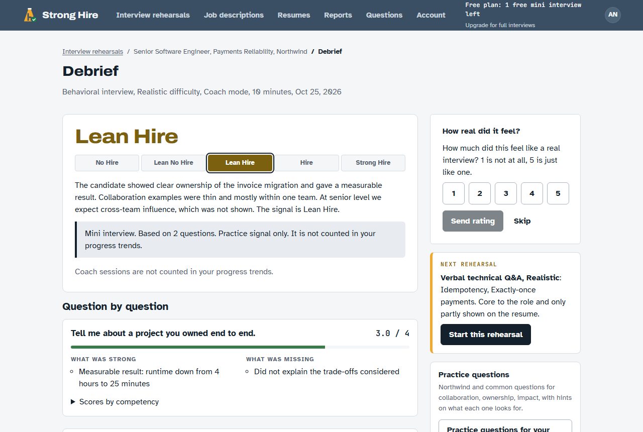 The debrief: the hire signal scale, the rationale, and a score per question.